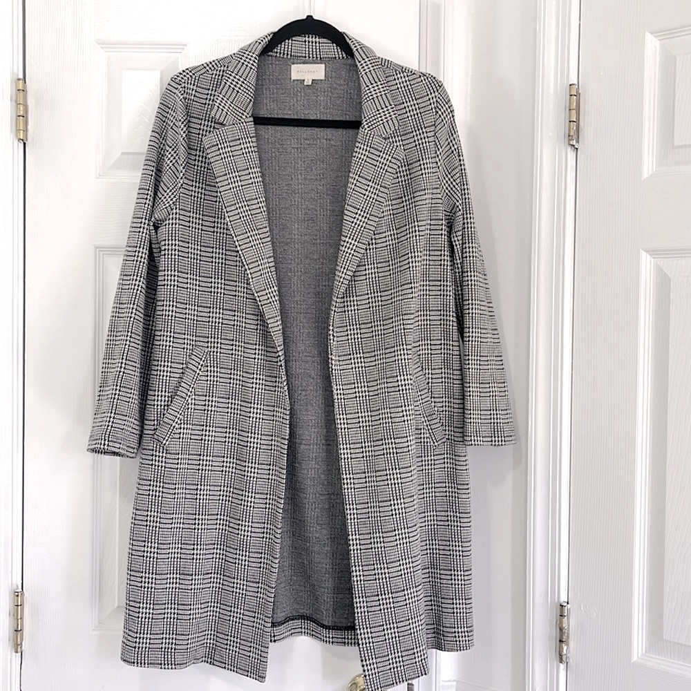 Knit Jacquard Notch Collar Longline blazer black/white